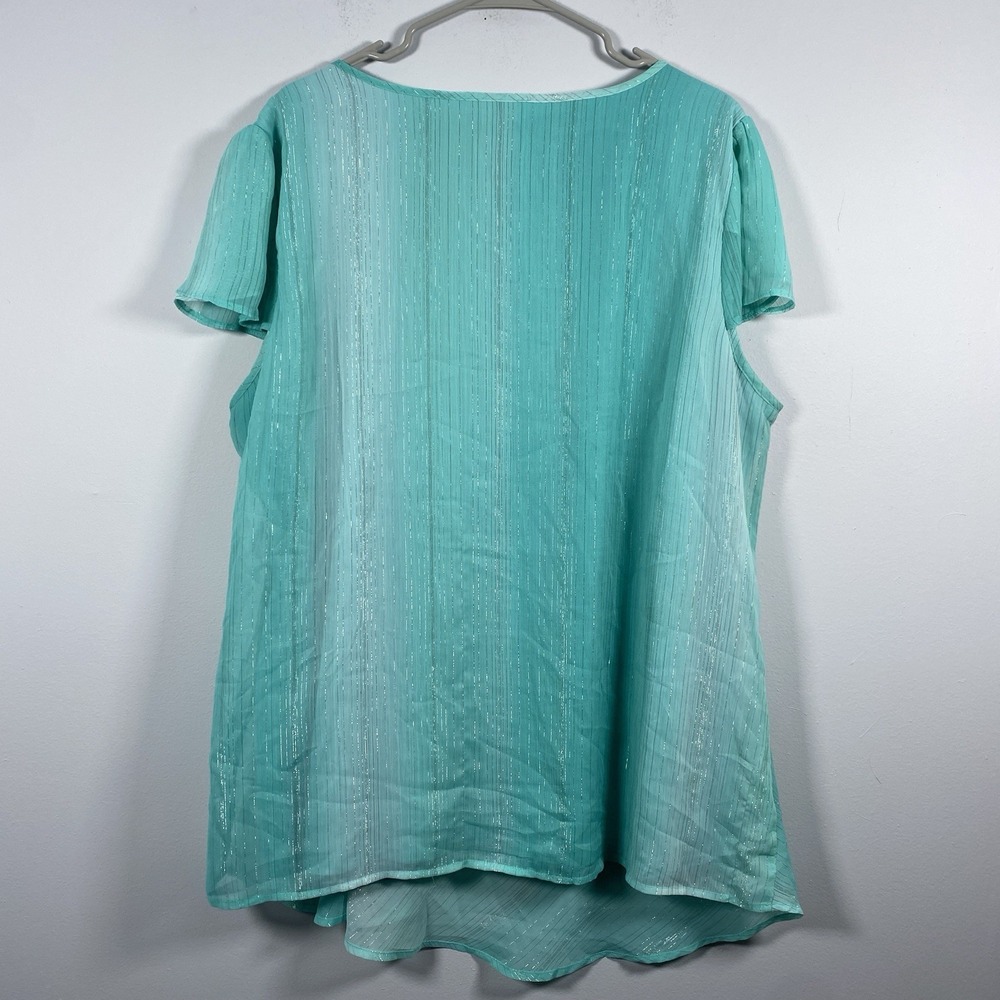 Dressbarn Blouse Woman 3X Teal Metallic Stripe Flutter Sleeve Side Drape Top - Picture 3 of 8